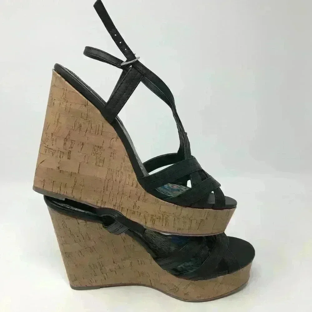 Madden Girl Black Design Buckle Strap Wedge 8 Shoe - Picture 4 of 7